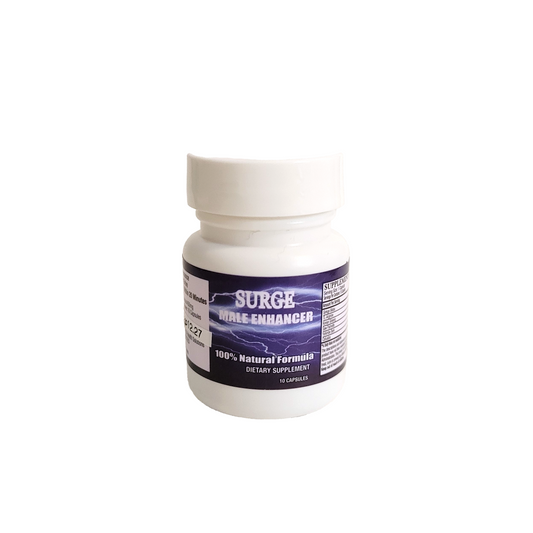 Supplement bottle labeled 'Surge Male Enhancer' on a white background